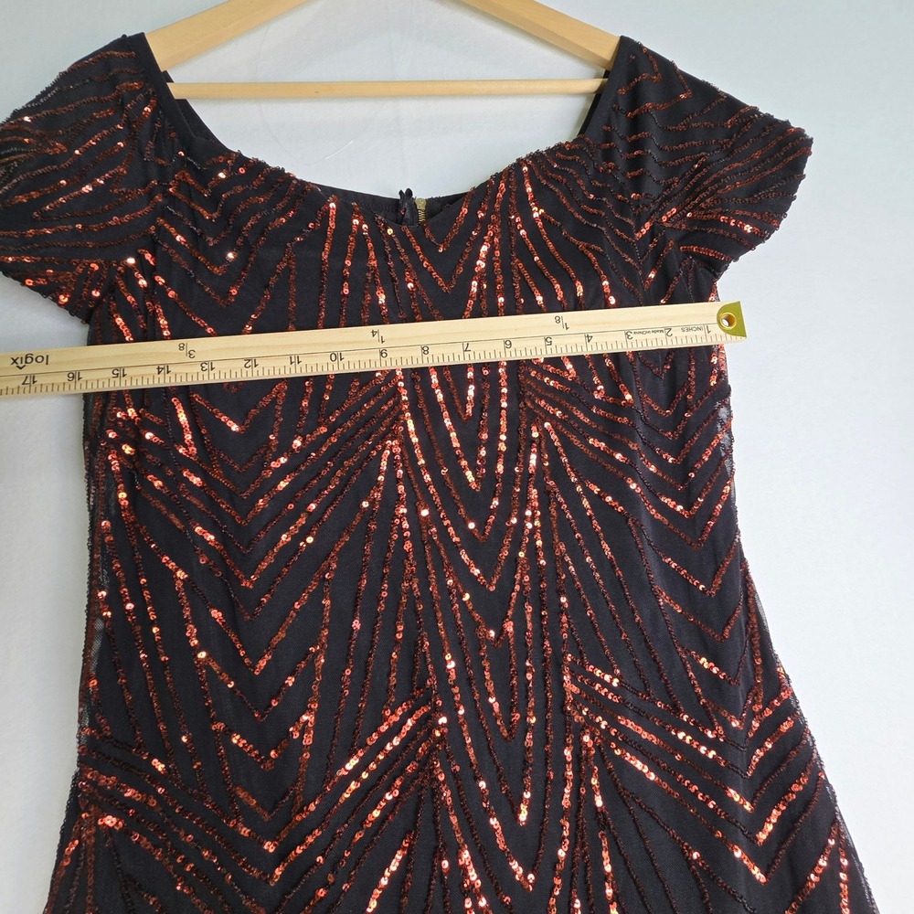 Iris Black Copper Sequin Chevron Bodycon Mini Dress Short Sleeve Medium - Picture 5 of 9